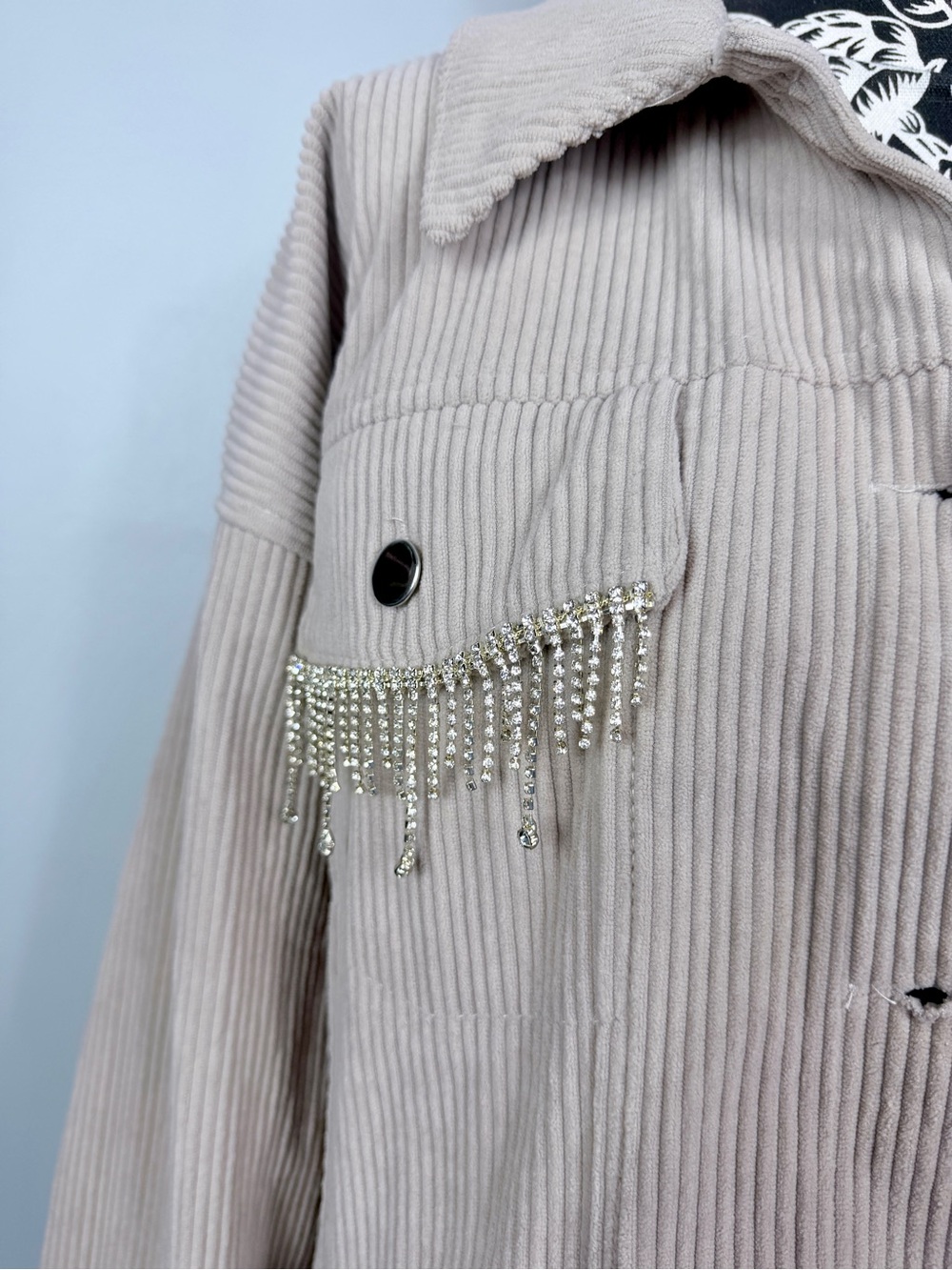 NWT Stoosh beige cropped oversize corduroy rhinestone fringe jacket size large - Picture 3 of 11